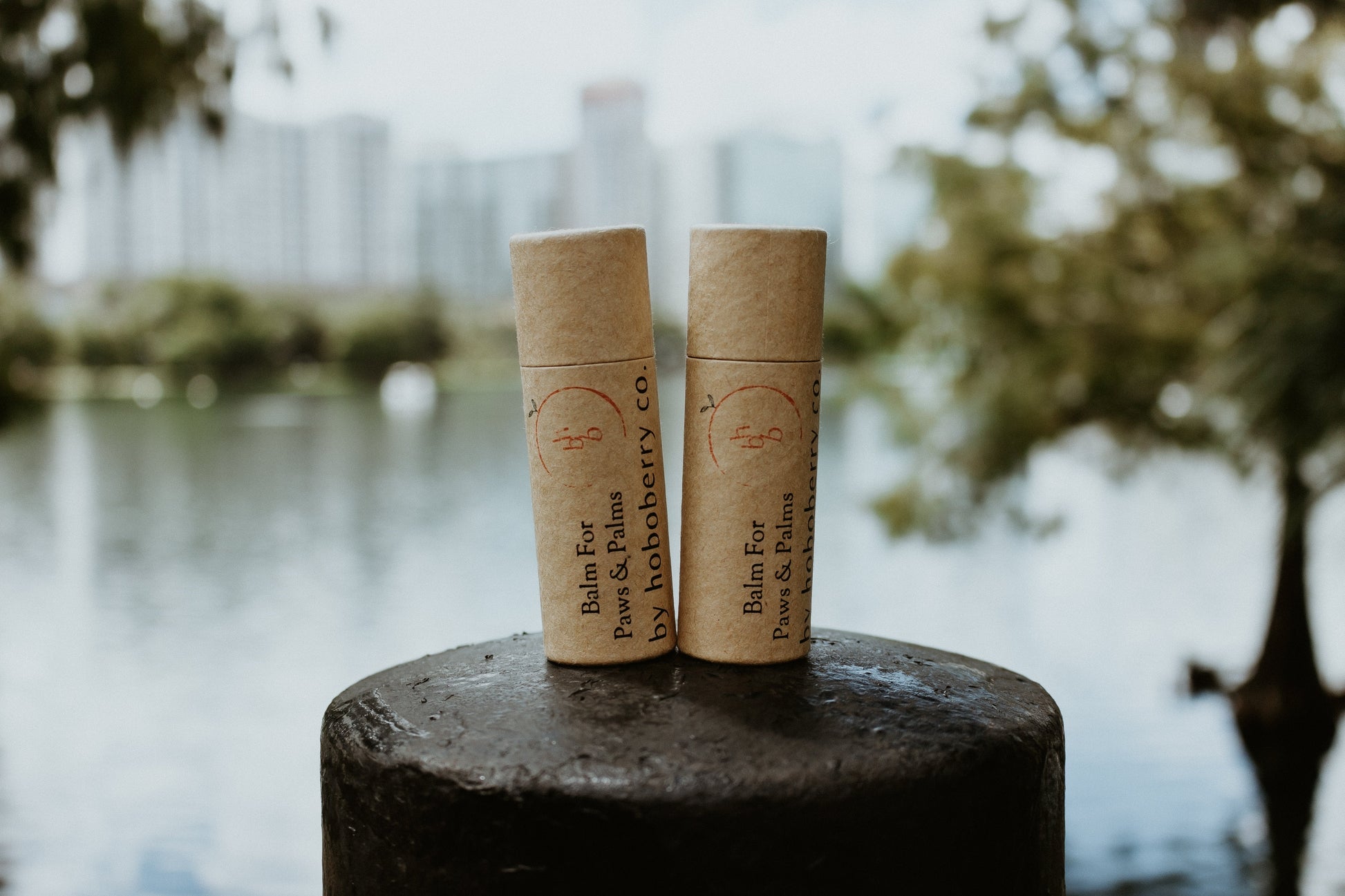 two kraft paper tubes of balm for paws and palms standing on a black pillar with a lake in the background