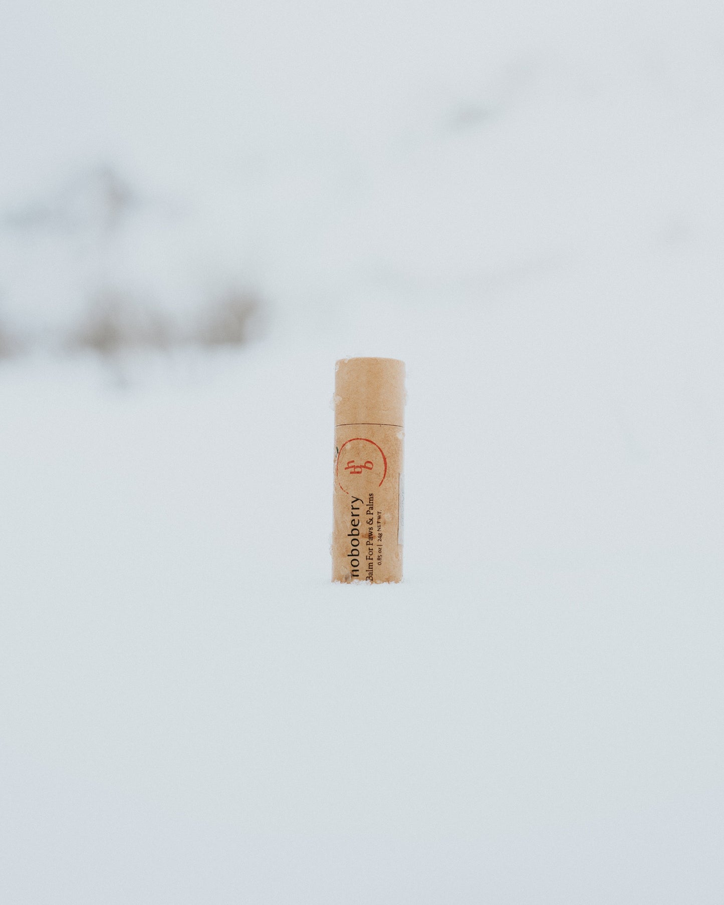 kraft paper tube lip and paw balm standing in a snow